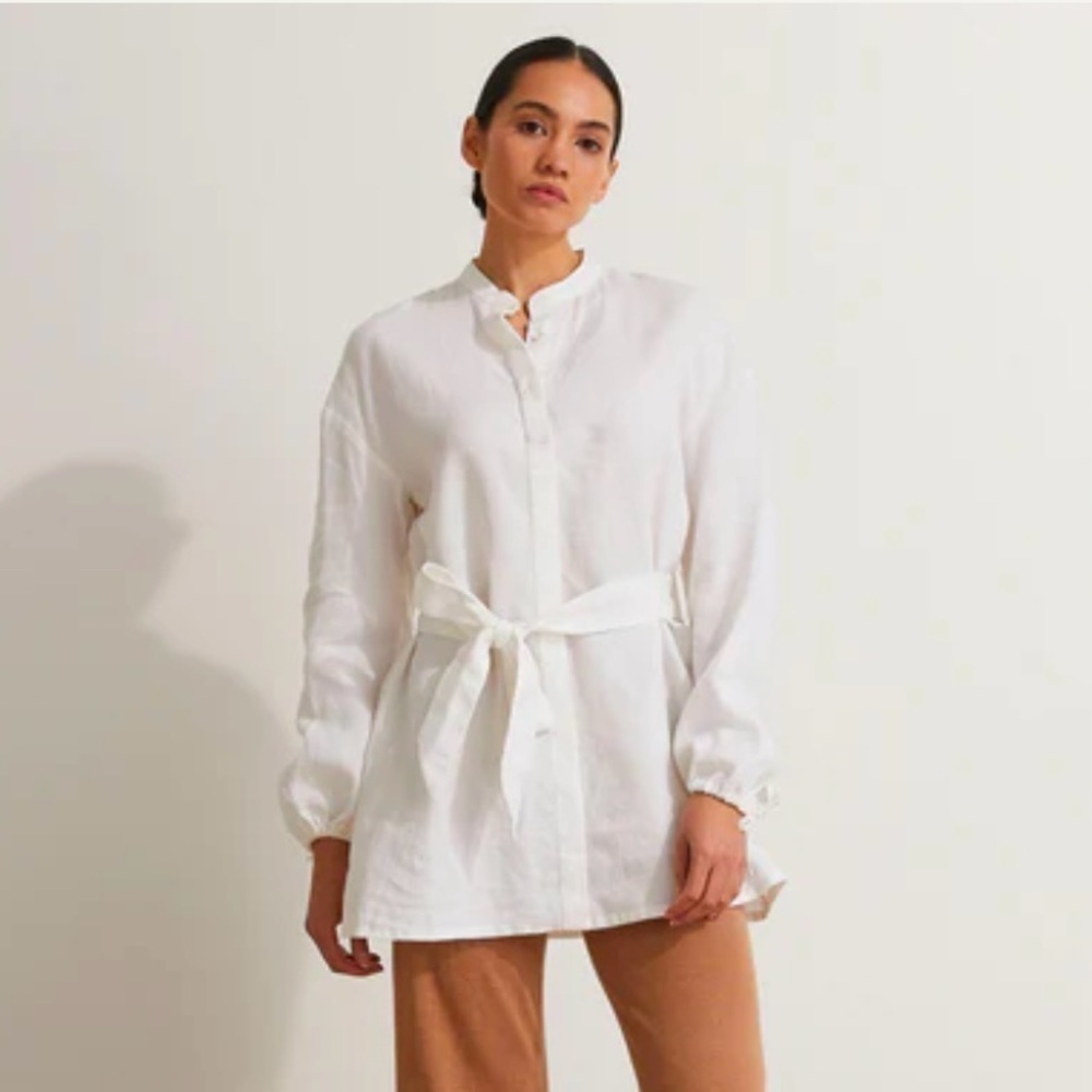 CULTIVER 100% Linen Cristi Long Sleeve Tunic Button Down Shirt w/ Belt White XS - Picture 3 of 15